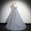 Glitzernden Himmelblau Perlenstickerei Strass Pailletten Abendkleider 2024 A Linie Neckholder Ärmellos Rückenfreies Sweep / Pinsel Zug Abend Festliche Kleider