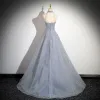 Sparkly Sky Blue Beading Rhinestone Sequins Evening Dresses 2024 A-Line / Princess Halter Sleeveless Backless Sweep Train Evening Party Formal Dresses