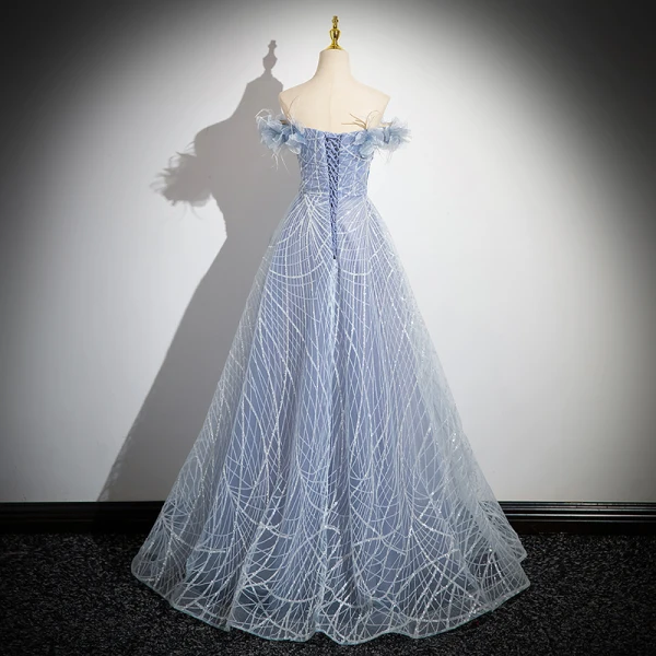 Fashion Sky Blue Sequins Appliques Tassel Prom Dresses 2024 Ball Gown Off-The-Shoulder Sleeveless Backless Floor-Length / Long Prom Formal Dresses
