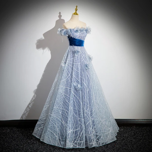 Fashion Sky Blue Sequins Appliques Tassel Prom Dresses 2024 Ball Gown Off-The-Shoulder Sleeveless Backless Floor-Length / Long Prom Formal Dresses