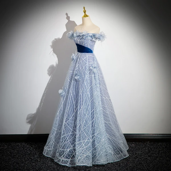 Fashion Sky Blue Sequins Appliques Tassel Prom Dresses 2024 Ball Gown Off-The-Shoulder Sleeveless Backless Floor-Length / Long Prom Formal Dresses