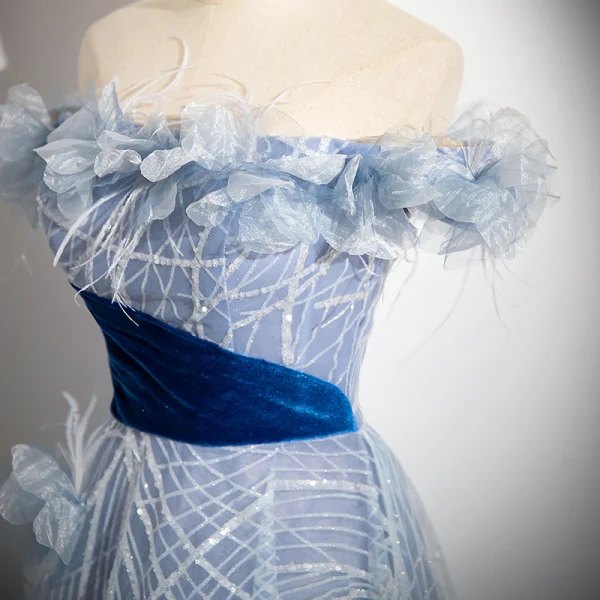 Fashion Sky Blue Sequins Appliques Tassel Prom Dresses 2024 Ball Gown Off-The-Shoulder Sleeveless Backless Floor-Length / Long Prom Formal Dresses