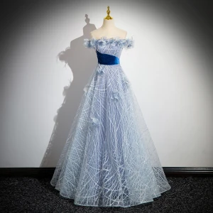 Fashion Sky Blue Sequins Appliques Tassel Prom Dresses 2024 Ball Gown Off The Shoulder Sleeveless Backless Floor Length Long Prom Formal Dresses