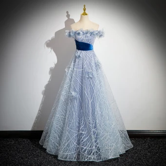 Fashion Sky Blue Sequins Appliques Tassel Prom Dresses 2024 Ball Gown Off The Shoulder Sleeveless Backless Floor Length Long Prom Formal Dresses