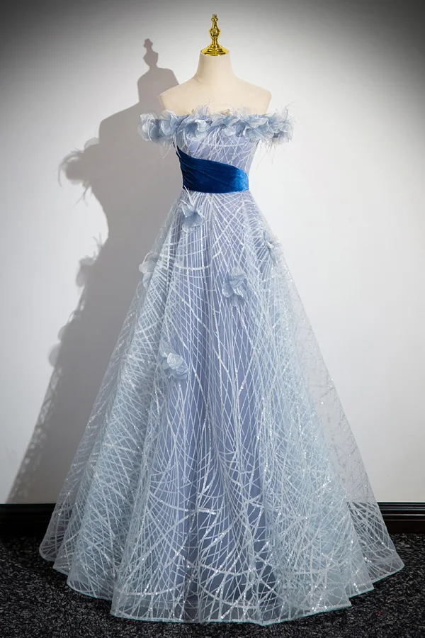 Fashion Sky Blue Sequins Appliques Tassel Prom Dresses 2024 Ball Gown Off-The-Shoulder Sleeveless Backless Floor-Length / Long Prom Formal Dresses