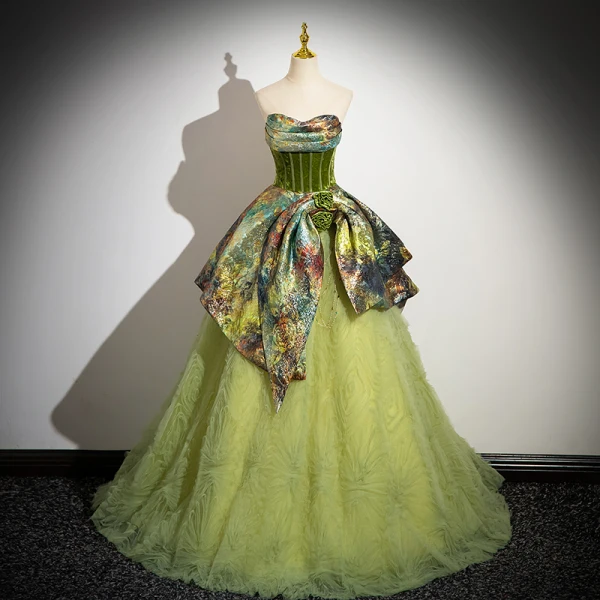 Fashion Sage Green Pleated Prom Dresses 2024 Ball Gown Strapless Sleeveless Backless Floor-Length / Long Prom Formal Dresses