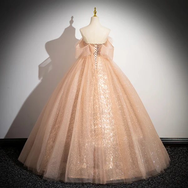Sparkly Gold Sequins Prom Dresses 2024 Ball Gown Strapless Sleeveless Backless Floor-Length / Long Prom Formal Dresses