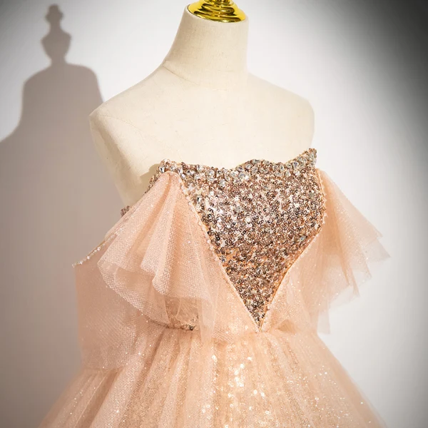 Sparkly Gold Sequins Prom Dresses 2024 Ball Gown Strapless Sleeveless Backless Floor-Length / Long Prom Formal Dresses
