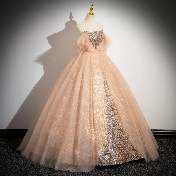 Sparkly Gold Sequins Prom Dresses 2024 Ball Gown Strapless Sleeveless Backless Floor-Length / Long Prom Formal Dresses