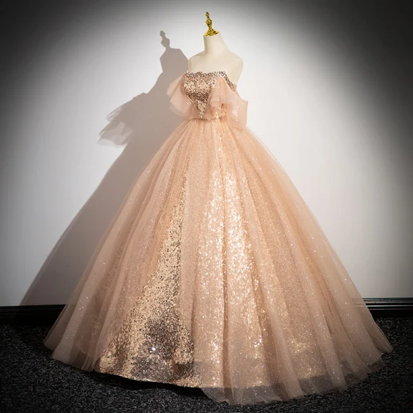 Sparkly Gold Sequins Prom Dresses 2024 Ball Gown Strapless Sleeveless Backless Floor-Length / Long Prom Formal Dresses