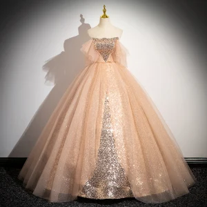 Scintillantes Doré Paillettes Robe De Bal 2024 Robe Boule Bustier Sans Manches Dos Nu Longue Promo Robe De Ceremonie
