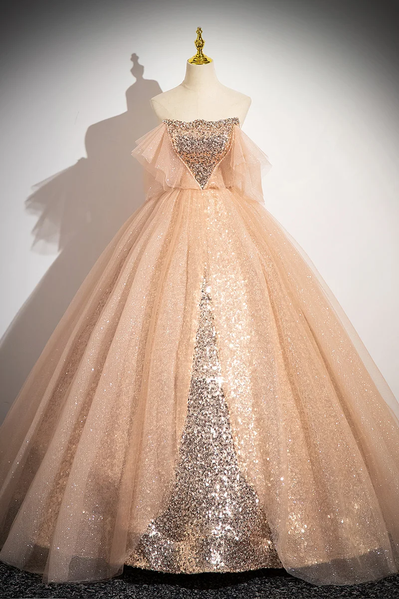 Sparkly Gold Sequins Prom Dresses 2024 Ball Gown Strapless Sleeveless Backless Long Prom