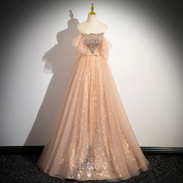 Sparkly Gold Sequins Prom Dresses 2024 Ball Gown Strapless Sleeveless Backless Floor-Length / Long Prom Formal Dresses