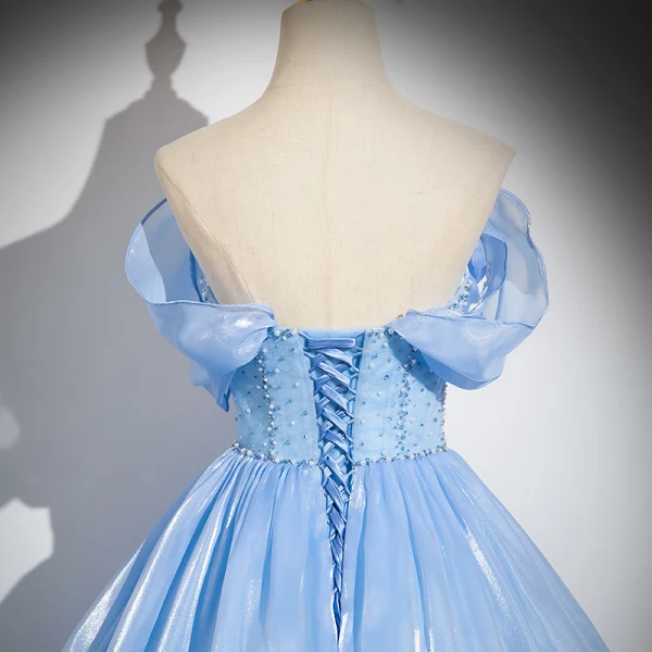 Charming Sky Blue Beading Pearl Cascading Ruffles Prom Dresses 2024 Ball Gown Strapless Sleeveless Backless Floor-Length / Long Prom Formal Dresses