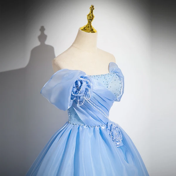 Charming Sky Blue Beading Pearl Cascading Ruffles Prom Dresses 2024 Ball Gown Strapless Sleeveless Backless Floor-Length / Long Prom Formal Dresses