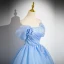Charming Sky Blue Beading Pearl Cascading Ruffles Prom Dresses 2024 Ball Gown Strapless Sleeveless Backless Floor-Length / Long Prom Formal Dresses