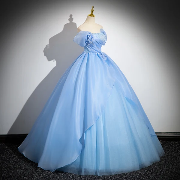 Charming Sky Blue Beading Pearl Cascading Ruffles Prom Dresses 2024 Ball Gown Strapless Sleeveless Backless Floor-Length / Long Prom Formal Dresses