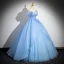 Charming Sky Blue Beading Pearl Cascading Ruffles Prom Dresses 2024 Ball Gown Strapless Sleeveless Backless Floor-Length / Long Prom Formal Dresses