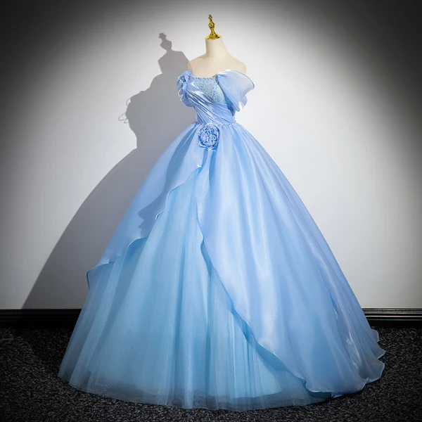 Charming Sky Blue Beading Pearl Cascading Ruffles Prom Dresses 2024 Ball Gown Strapless Sleeveless Backless Floor-Length / Long Prom Formal Dresses