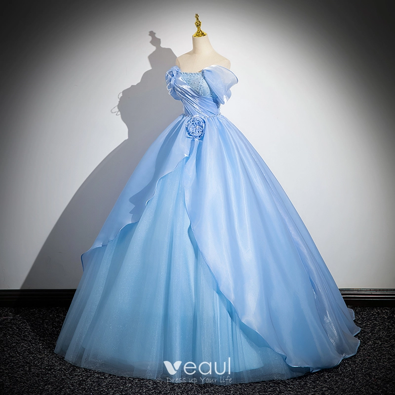Elegant Women Charming Sky Blue Color Off Shoulder Strapless Birthday Party High Waist Evening Flare Prom Dress