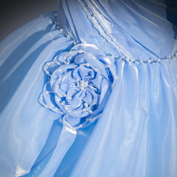 Charming Sky Blue Beading Pearl Cascading Ruffles Prom Dresses 2024 Ball Gown Strapless Sleeveless Backless Floor-Length / Long Prom Formal Dresses