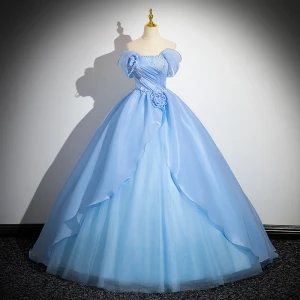 Sjarmerende Himmelen Blå Beading Perle Gripende Ruffles Ballkjoler 2024 Ballkjole Strapless Uten Ermer Ryggløse Lange Ball Formelle Kjoler