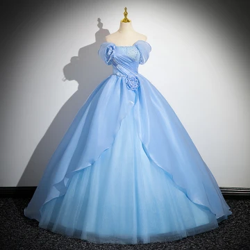 Charming Sky Blue Beading Pearl Cascading Ruffles Prom Dresses 2024 Ball Gown Strapless Sleeveless Backless Floor Length Long Prom Formal Dresses