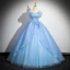 Charming Sky Blue Beading Pearl Cascading Ruffles Prom Dresses 2024 Ball Gown Strapless Sleeveless Backless Floor-Length / Long Prom Formal Dresses