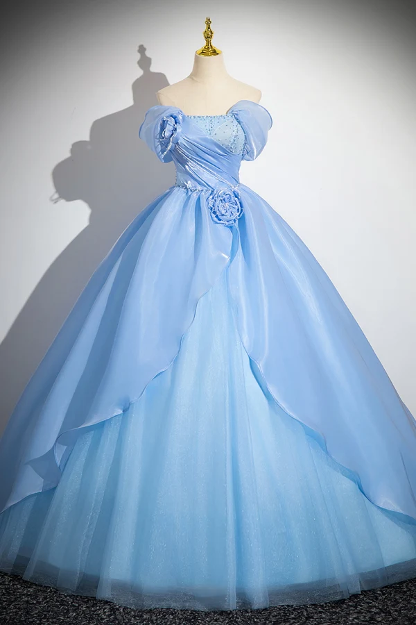 Charming Sky Blue Beading Pearl Cascading Ruffles Prom Dresses 2024 Ball Gown Strapless Sleeveless Backless Floor-Length / Long Prom Formal Dresses