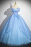 Charming Sky Blue Beading Pearl Cascading Ruffles Prom Dresses 2024 Ball Gown Strapless Sleeveless Backless Floor-Length / Long Prom Formal Dresses