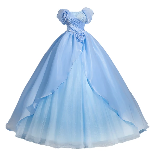 Charming Sky Blue Beading Pearl Cascading Ruffles Prom Dresses 2024 Ball Gown Strapless Sleeveless Backless Floor-Length / Long Prom Formal Dresses