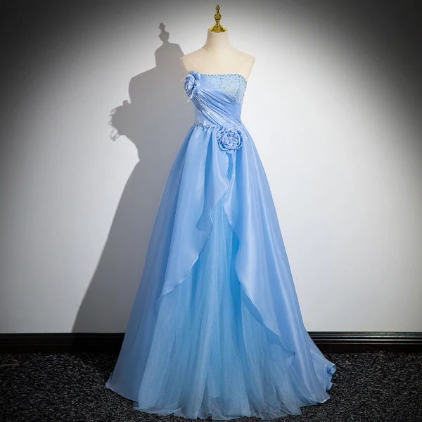 Charming Sky Blue Beading Pearl Cascading Ruffles Prom Dresses 2024 Ball Gown Strapless Sleeveless Backless Floor-Length / Long Prom Formal Dresses