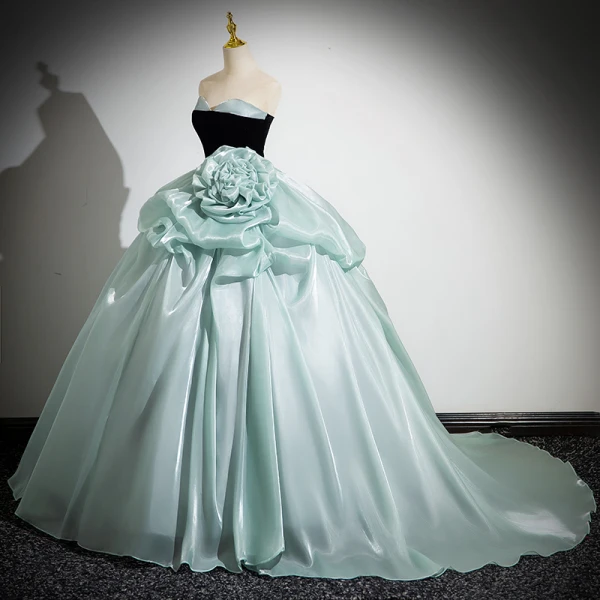 Fashion Mint Green Flower Cascading Ruffles Prom Dresses 2024 Ball Gown Strapless Sleeveless Backless Floor-Length / Long Prom Formal Dresses