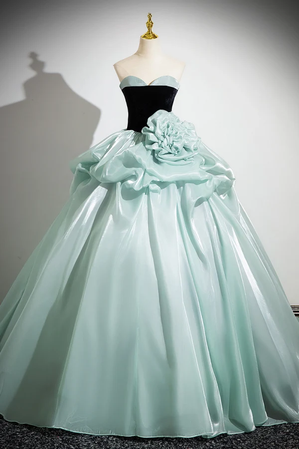 Fashion Mint Green Flower Cascading Ruffles Prom Dresses 2024 Ball Gown Strapless Sleeveless Backless Floor-Length / Long Prom Formal Dresses
