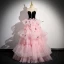 Fashion Blushing Pink Tassel Pearl Rhinestone Cascading Ruffles Prom Dresses 2024 Ball Gown Strapless Sleeveless Backless Floor-Length / Long Prom Formal Dresses