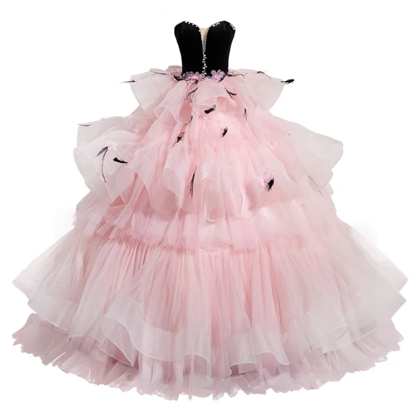 Fashion Blushing Pink Tassel Pearl Rhinestone Cascading Ruffles Prom Dresses 2024 Ball Gown Strapless Sleeveless Backless Floor-Length / Long Prom Formal Dresses