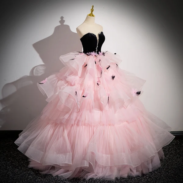 Fashion Blushing Pink Tassel Pearl Rhinestone Cascading Ruffles Prom Dresses 2024 Ball Gown Strapless Sleeveless Backless Floor-Length / Long Prom Formal Dresses