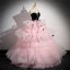 Fashion Blushing Pink Tassel Pearl Rhinestone Cascading Ruffles Prom Dresses 2024 Ball Gown Strapless Sleeveless Backless Floor-Length / Long Prom Formal Dresses