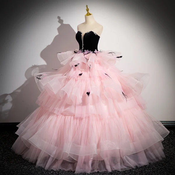 Fashion Blushing Pink Tassel Pearl Rhinestone Cascading Ruffles Prom Dresses 2024 Ball Gown Strapless Sleeveless Backless Floor-Length / Long Prom Formal Dresses