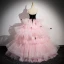 Fashion Blushing Pink Tassel Pearl Rhinestone Cascading Ruffles Prom Dresses 2024 Ball Gown Strapless Sleeveless Backless Floor-Length / Long Prom Formal Dresses