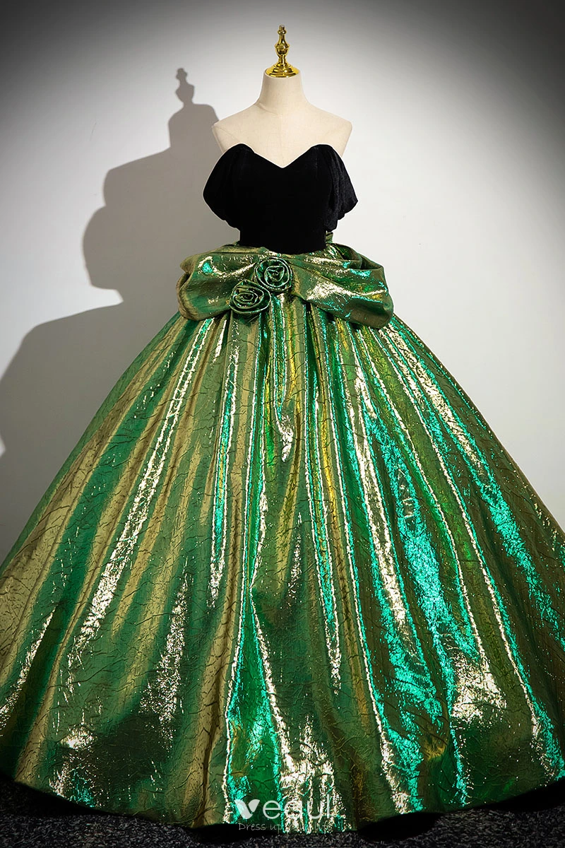 Vintage / Retro Green Glitter Velvet Prom Dresses 2024 Ball Gown Strapless  Sleeveless Backless Floor-Length / Long Prom Formal Dresses