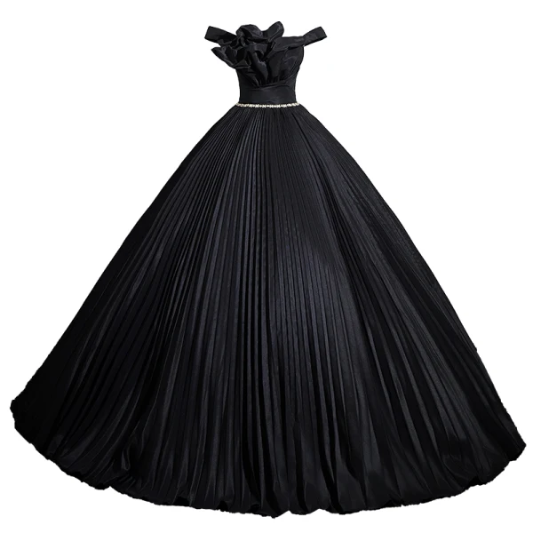 Fashion Black Pleated Rhinestone Prom Dresses 2024 Ball Gown Ruffle Off-The-Shoulder Sleeveless Backless Floor-Length / Long Prom Formal Dresses