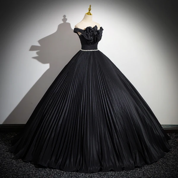 Fashion Black Pleated Rhinestone Prom Dresses 2024 Ball Gown Ruffle Off-The-Shoulder Sleeveless Backless Floor-Length / Long Prom Formal Dresses