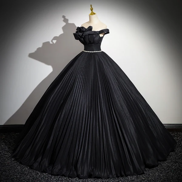 Fashion Black Pleated Rhinestone Prom Dresses 2024 Ball Gown Ruffle Off-The-Shoulder Sleeveless Backless Floor-Length / Long Prom Formal Dresses