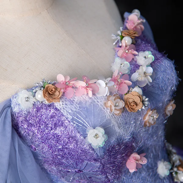 Flower Fairy Multi-Colors Appliques Pearl Rhinestone Glitter Prom Dresses 2024 Ball Gown Strapless Sleeveless Backless Floor-Length / Long Prom Formal Dresses