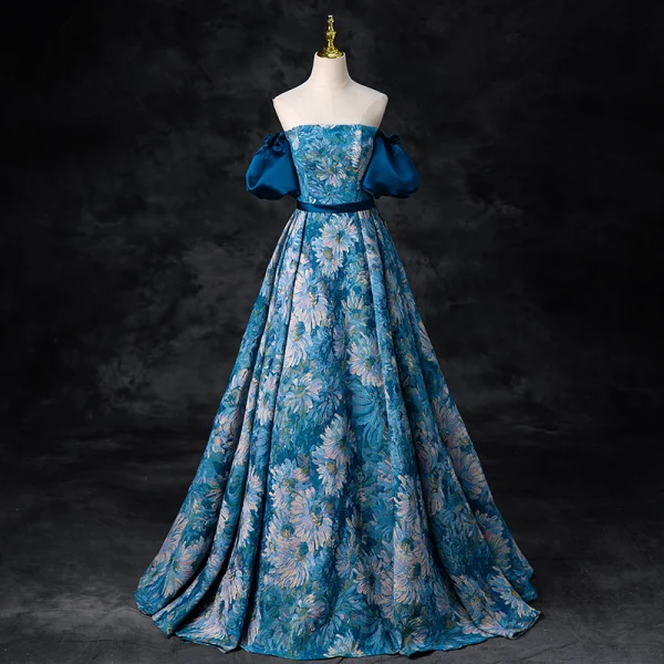 Vintage / Retro Ocean Blue Printing Prom Dresses 2024 Ball Gown Off-The-Shoulder Puffy Short Sleeve Backless Floor-Length / Long Prom Formal Dresses