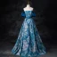Vintage / Retro Ocean Blue Printing Prom Dresses 2024 Ball Gown Off-The-Shoulder Puffy Short Sleeve Backless Floor-Length / Long Prom Formal Dresses