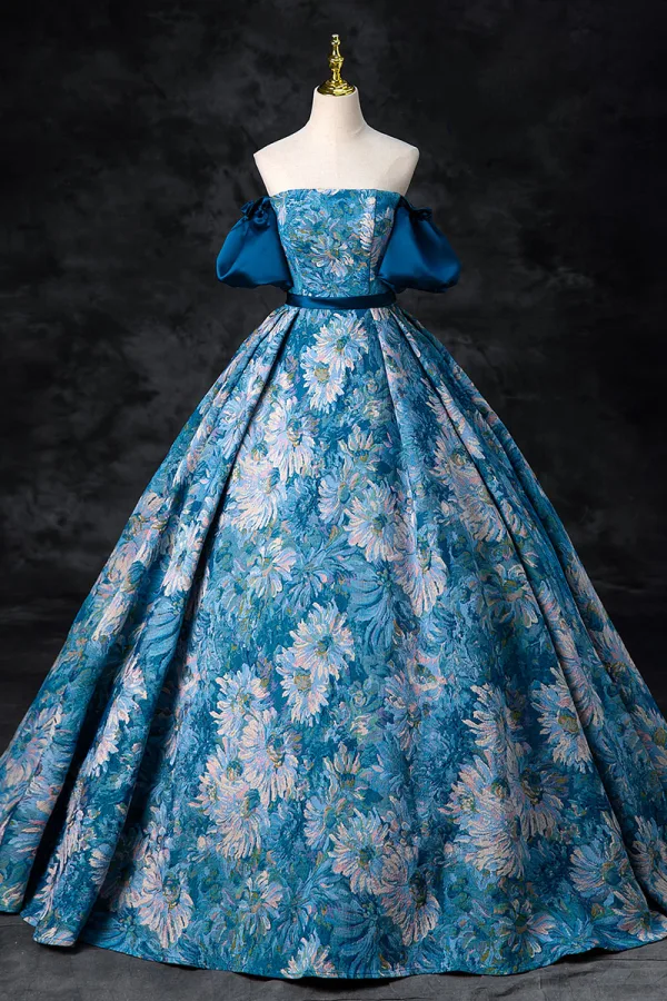 Vintage / Retro Ocean Blue Printing Prom Dresses 2024 Ball Gown Off-The-Shoulder Puffy Short Sleeve Backless Floor-Length / Long Prom Formal Dresses