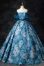 Vintage / Retro Ocean Blue Printing Prom Dresses 2024 Ball Gown Off-The-Shoulder Puffy Short Sleeve Backless Floor-Length / Long Prom Formal Dresses