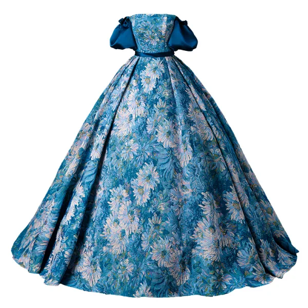 Vintage / Retro Ocean Blue Printing Prom Dresses 2024 Ball Gown Off-The-Shoulder Puffy Short Sleeve Backless Floor-Length / Long Prom Formal Dresses